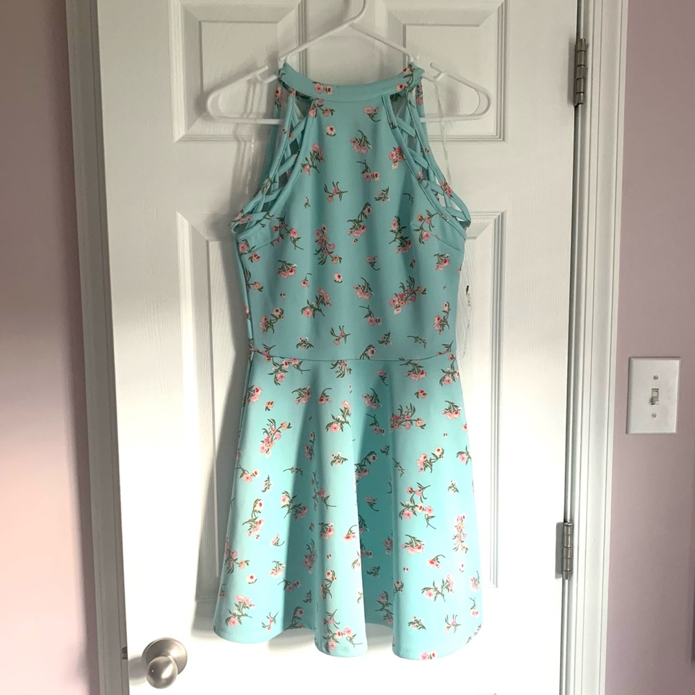 High neck stretchy teal floral dress - Picture 1 of 2